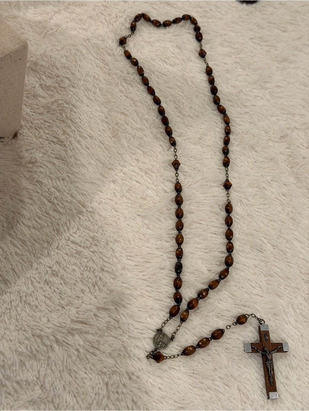 Wood Bead Rosary Necklace with silver tone Crucifix Cross